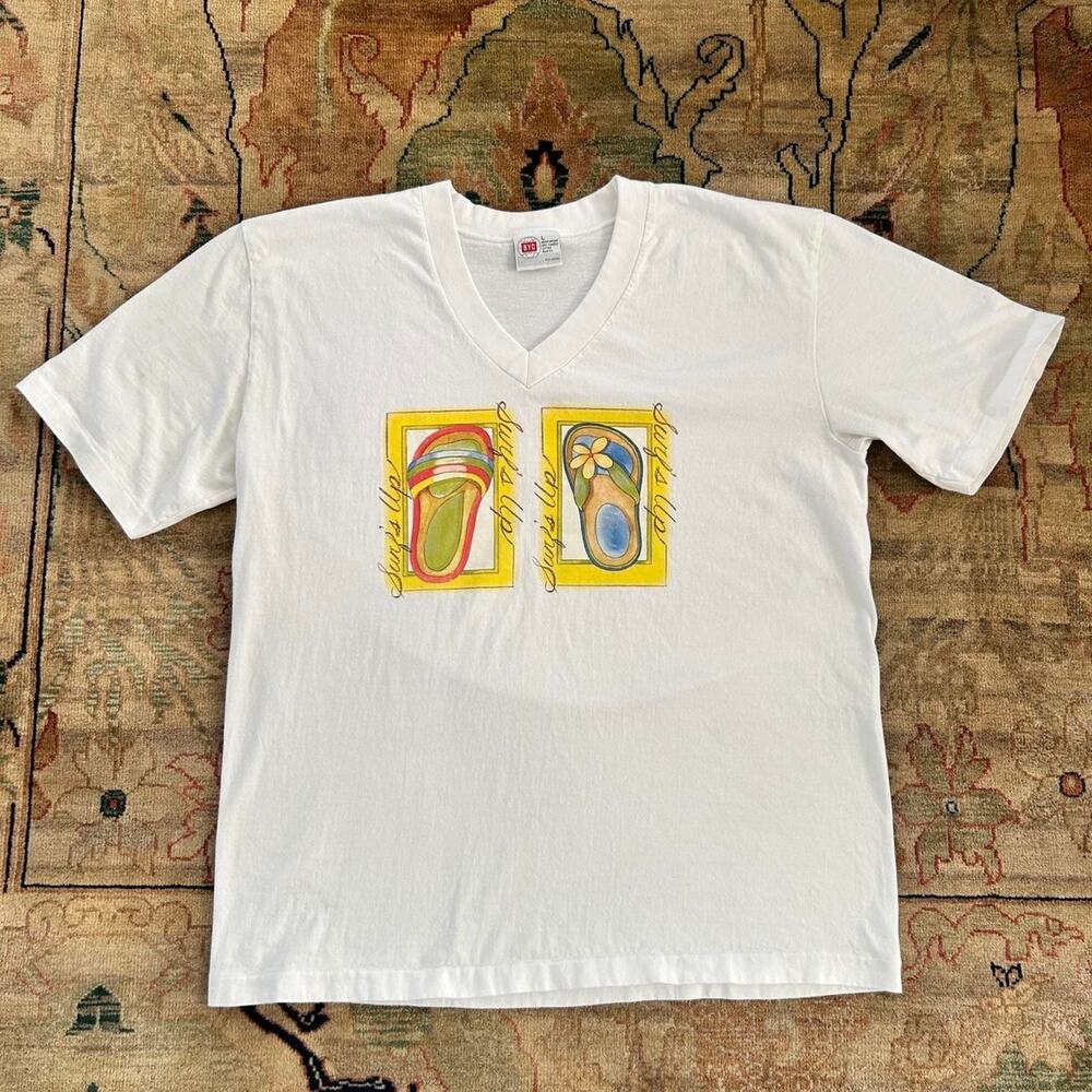 White 90s single stitch flip flop t-shit Sz L Surfs Up Beach